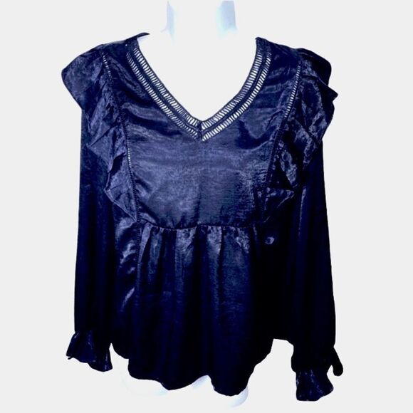 Altar’d state Ruffle navy long sleeve Top - Picture 3 of 5